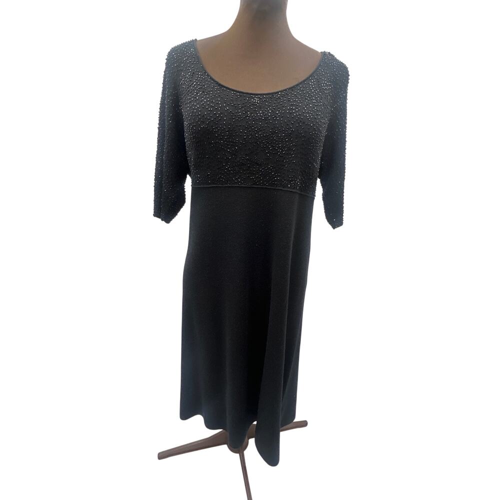 Eileen Fisher Black Merino Wool Dress Large Beaded Bodice Knit Midi Minimalist